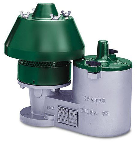 Fig4-Enardo ES-950 Figure 4: Tank pressure/vacuum vents open to relieve pressure to the atmosphere, or to pull in air to break the tank vacuum (Emerson’s Enardo™ Series ES-950 Pressure/Vacuum Relief Valve shown). These devices should only activate rarely, but they must operate reliably when called into service, with zero leakage at all other times.