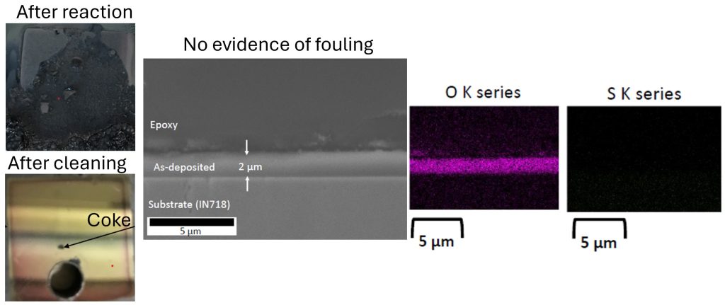 Figure 7: Velan proprietary coating after fouling test: optical images, SEM, and EDS analysis.