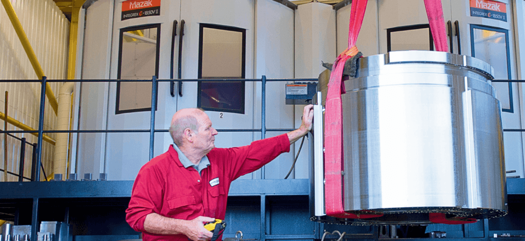 Mazak integrex 1850 carrying twin rotary tables of 2000mm diameter – 1500mm in the air. Depicting an aluminium extrusion press container manufactured from W.2344 (H13). Mazak integrex 1850 carrying twin rotary tables of 2000mm diameter – 1500mm in the air. Depicting an aluminium extrusion press container manufactured from W.2344 (H13).